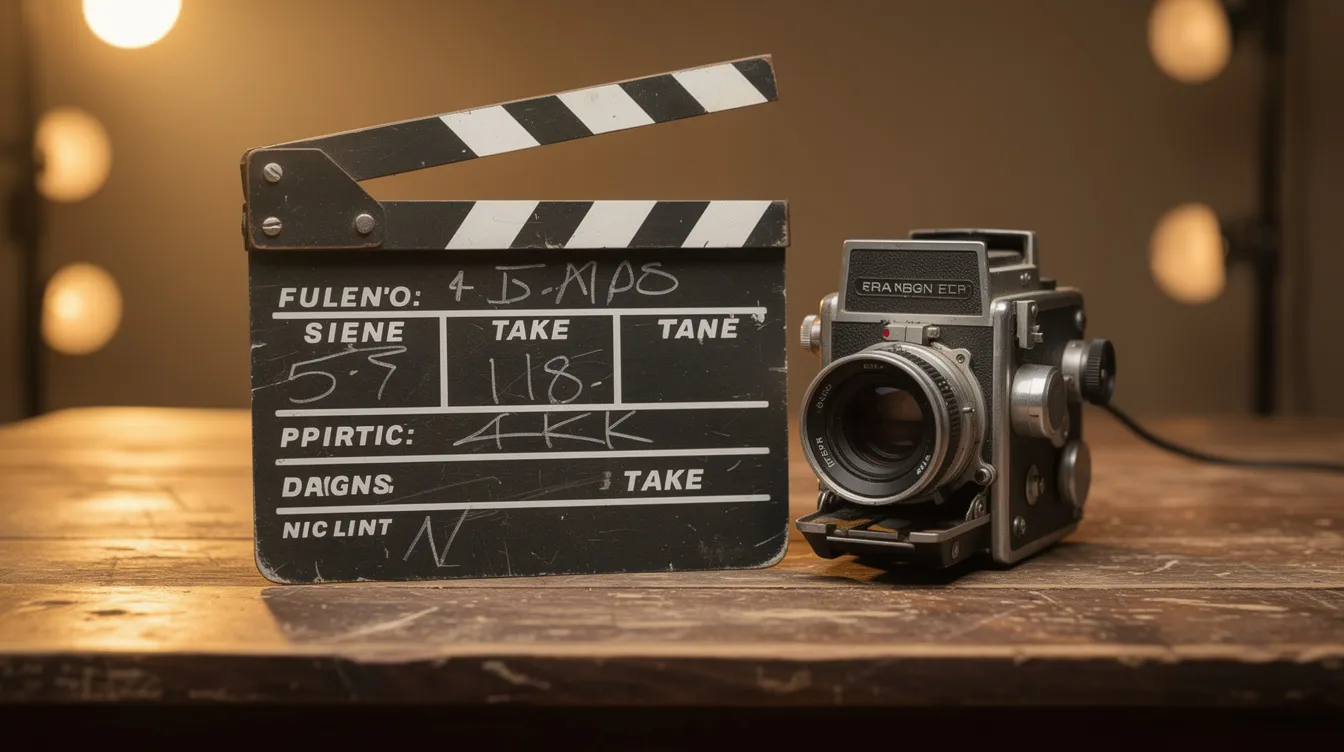 Auf einem Holztisch liegen eine Filmklappe und eine Vintage-Filmkamera, umgeben von warmem Studiolicht, das eine nostalgische Atmosphäre schafft. Diese Szene erinnert an die Magie des Films, wie sie in "Die Braut des Prinzen" zu finden ist, und lädt dazu ein, in die Welt von Abenteuer und Märchen einzutauchen.