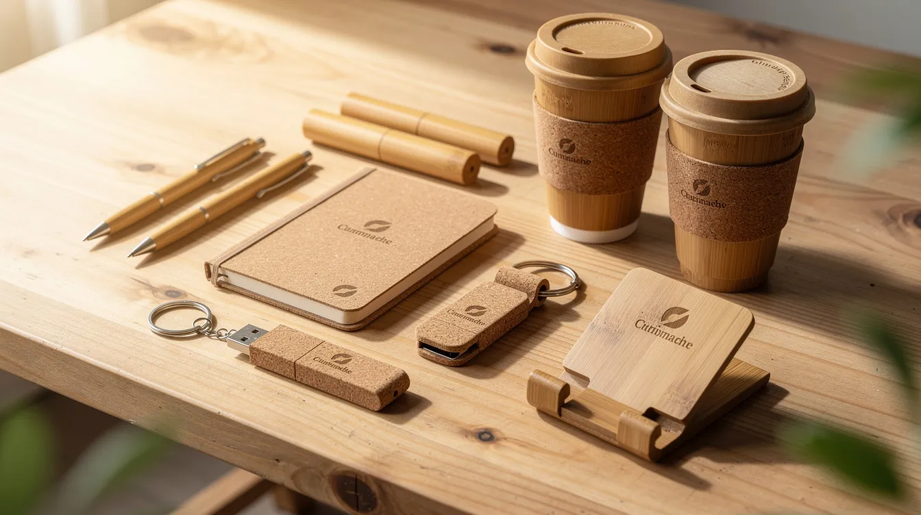 Ekologiczne produkty promocyjne z bambusa i korka na drewnianym stole