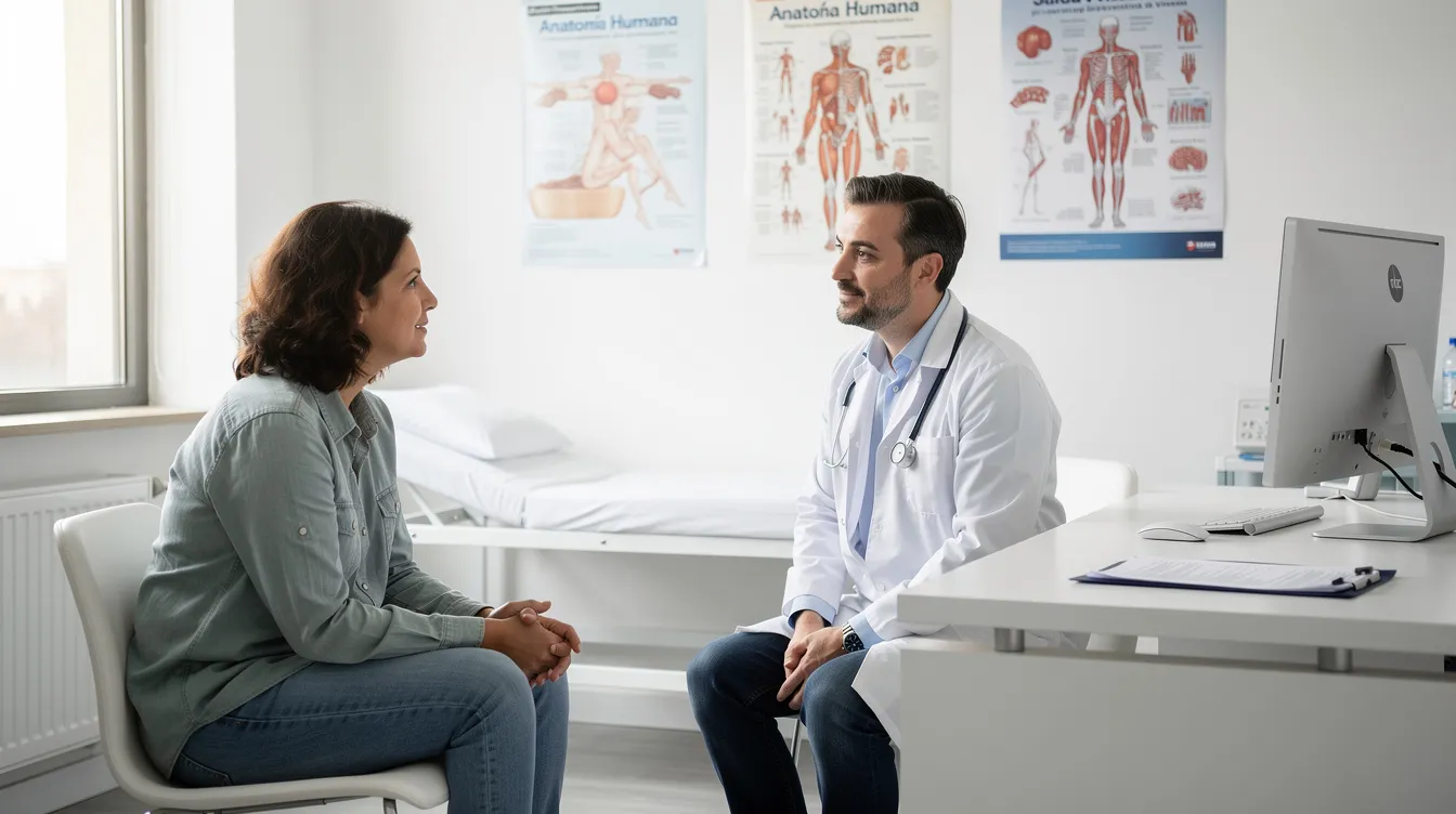 Un médico está en consulta con un paciente en un consultorio clínico moderno y luminoso. La conversación se centra en los cambios en la piel flácida después de perder peso, abordando temas como la elasticidad y la reafirmación de la piel tras el adelgazamiento.