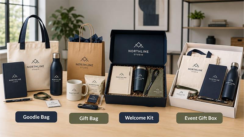 Swag bag alternatives including goodie bags, gift bags, welcome kits, and event gift boxes