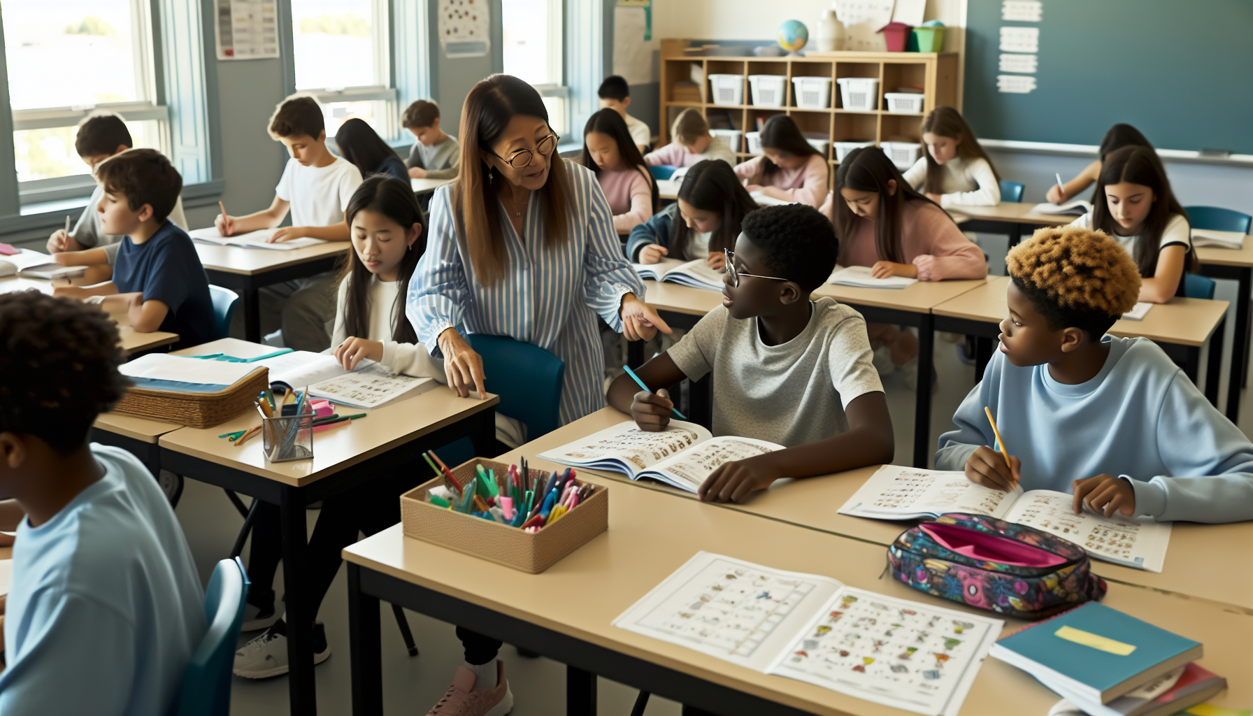 A classroom with students working on printed materials