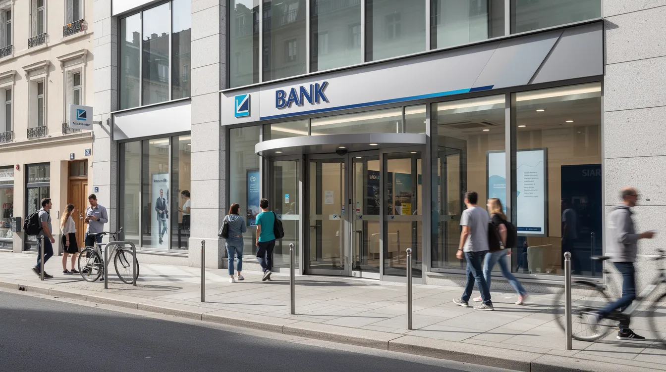 The image shows the exterior of a European bank branch located on a clean city street, with pedestrians strolling by, highlighting the bank's role in everyday banking and financial services. This branch is part of the thriving banking sector in Slovenia, catering to both personal accounts and business loans.