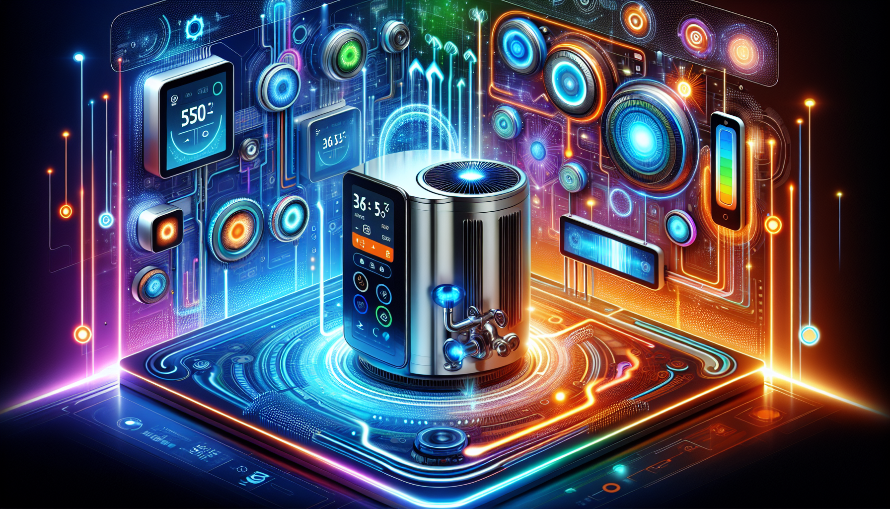 A conceptual illustration of advanced technologies in heater pumps, including smart controls.