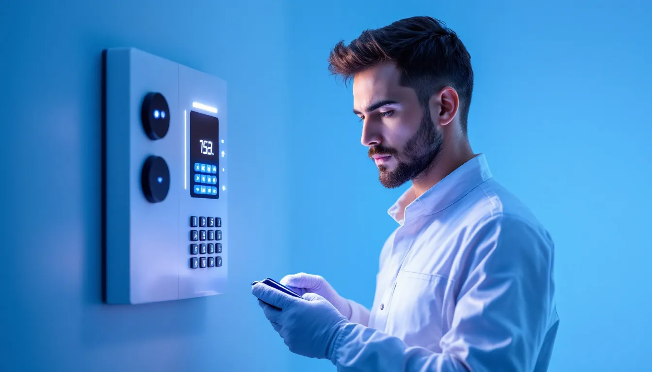 A maintenance technician performing checks on an alarm system.