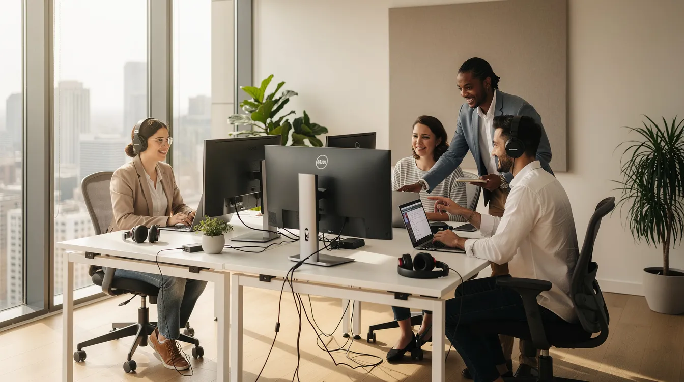 Ein kleines Team von Mitarbeitern arbeitet konzentriert an Computern in einem modernen Büro, um gemeinsam Lösungen für ihre Kunden zu entwickeln. Die Atmosphäre ist produktiv, während sie an ihren Projekten und Aufgaben, wie der Verwaltung von Konten und Bestellungen, arbeiten.