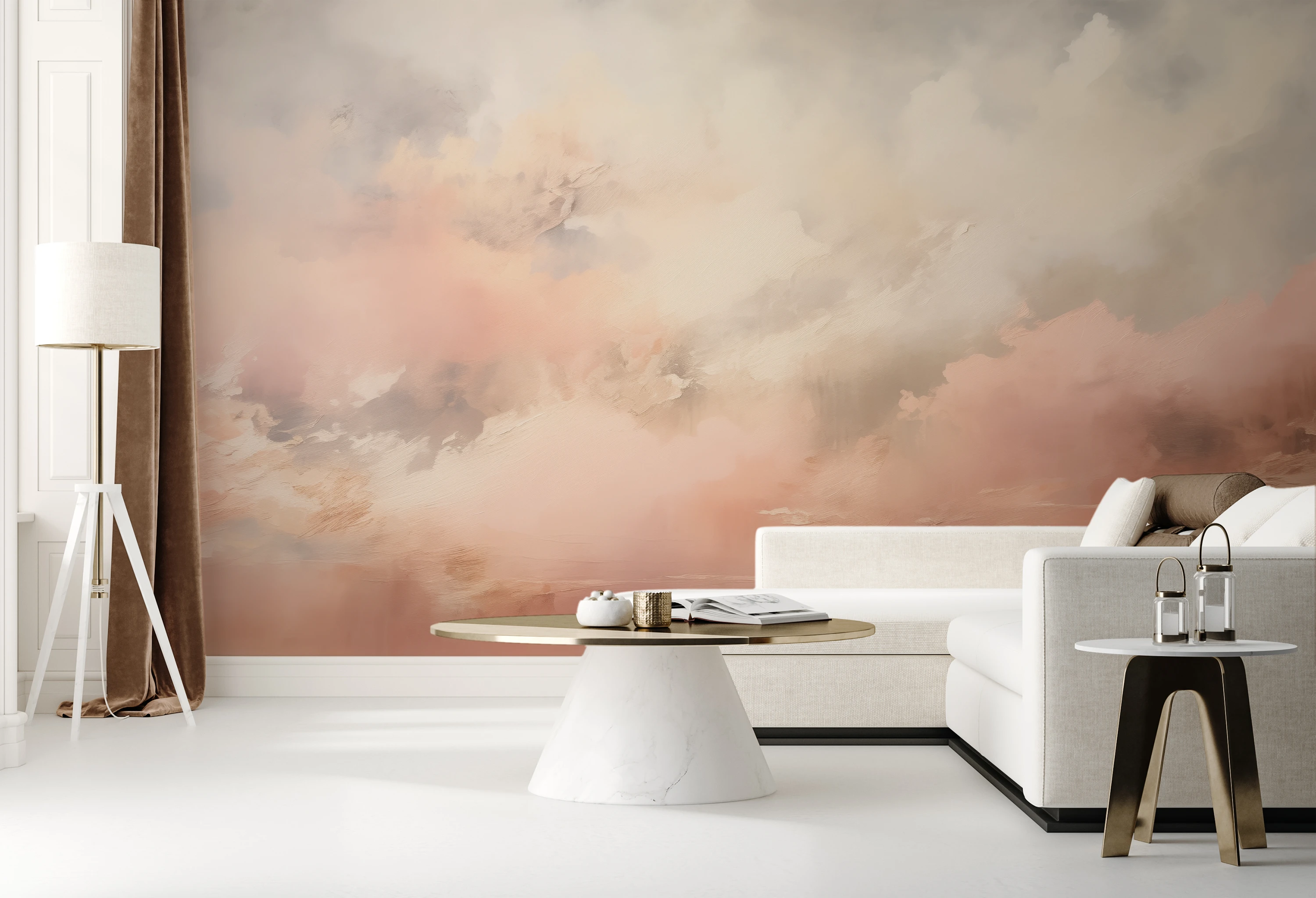 Ein Beispiel für die Verwendung von Fototapeten aus unserer „Clouds“-Kollektion im Wohnzimmer