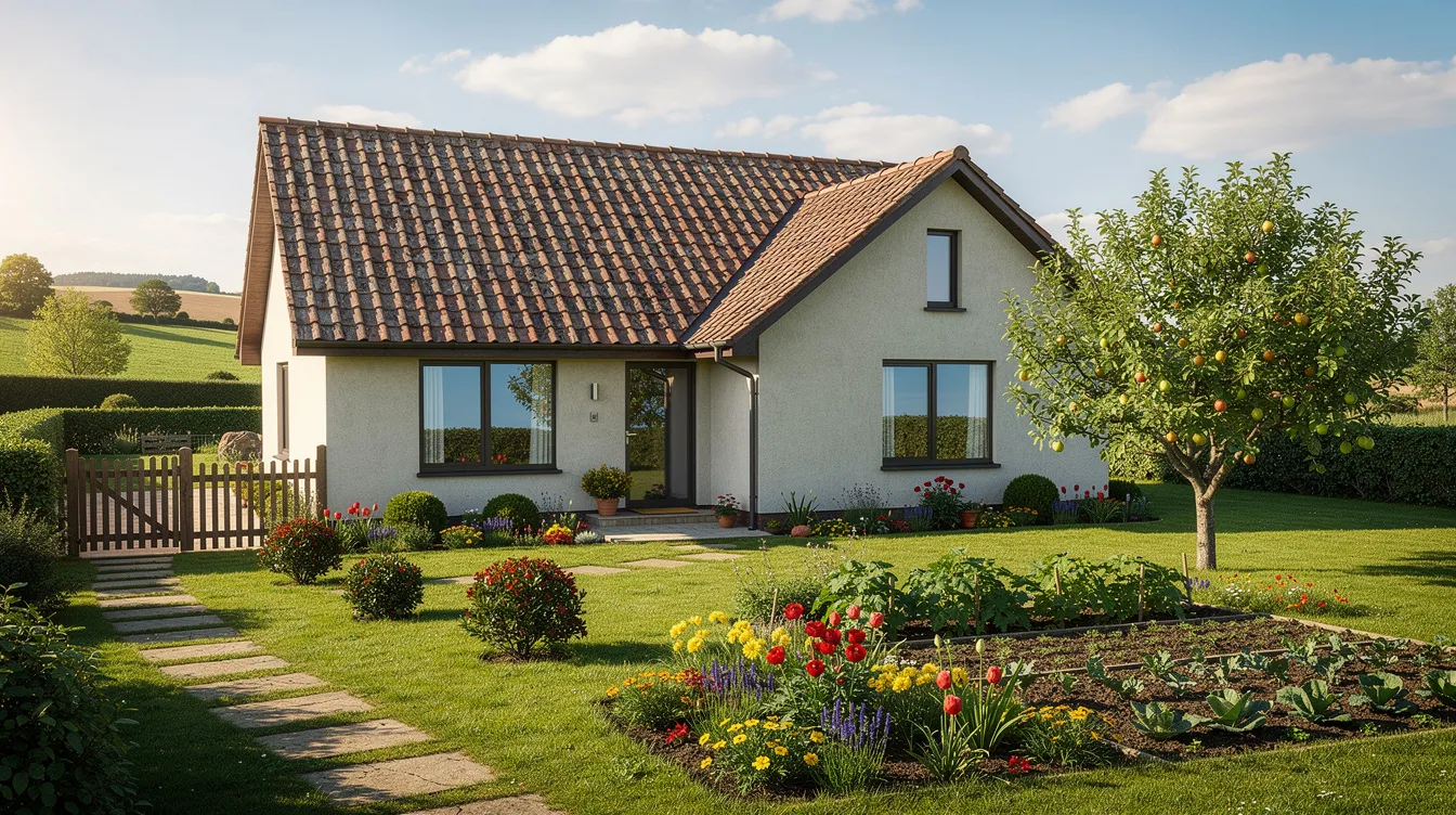 Une maison individuelle est entourée d'un jardin verdoyant dans une zone rurale, symbolisant un cadre de vie paisible. Ce type d'habitation peut nécessiter un contrôle du système d'assainissement non collectif pour garantir la conformité aux normes de santé publique.