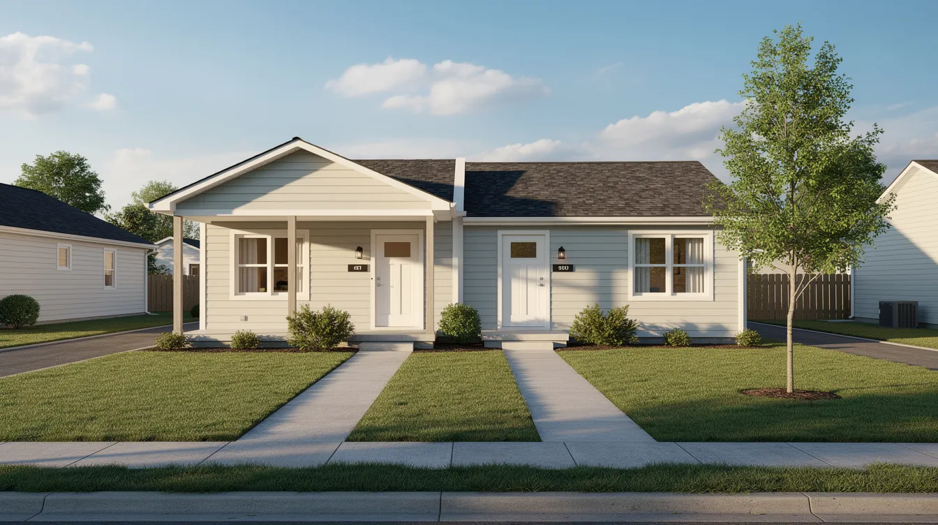 The image shows a small residential duplex rental property surrounded by a well-maintained front lawn, representing a potential investment property for real estate investors seeking rental income. This type of property can contribute positively to a real estate portfolio and help in managing monthly mortgage payments.