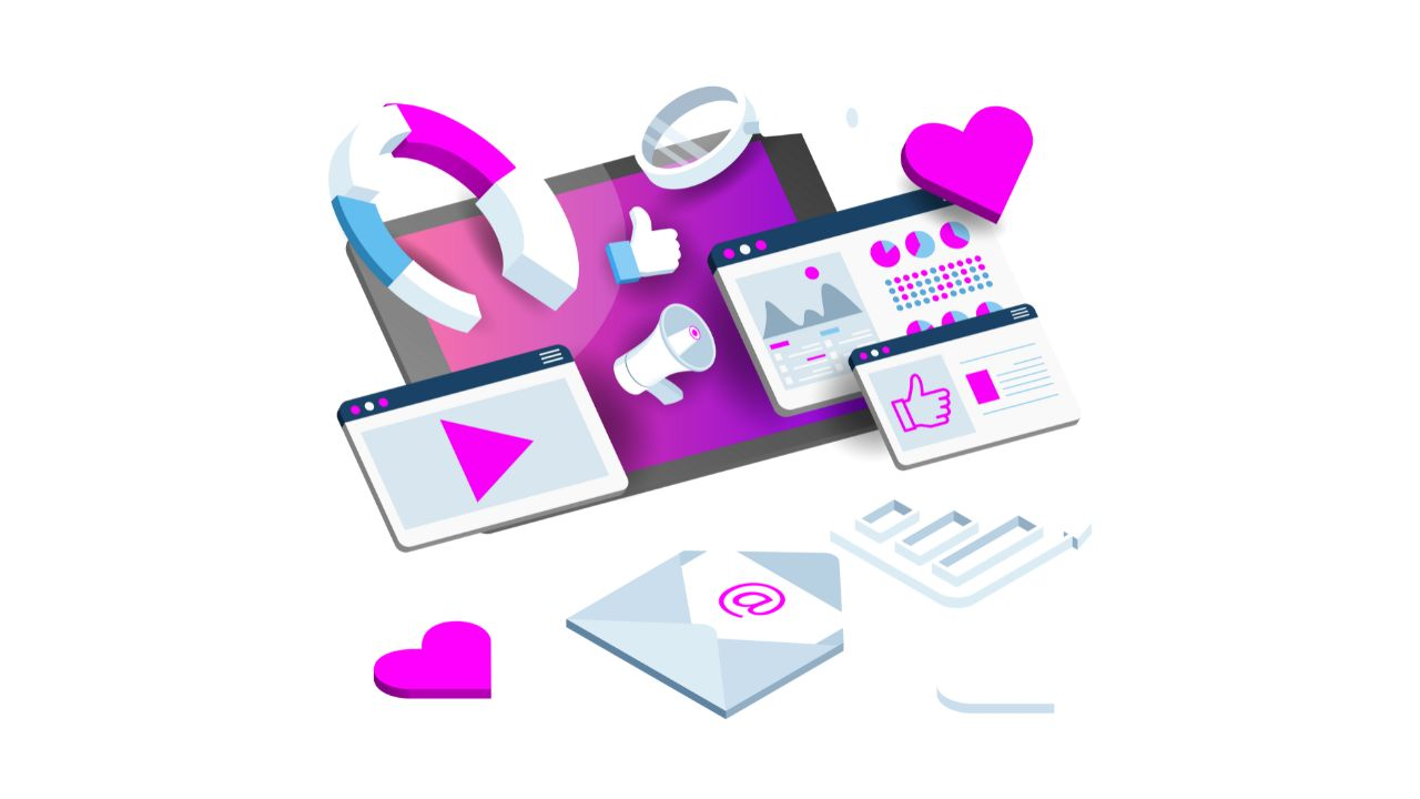 A person using a laptop to enhance social media posts with visuals and hashtags