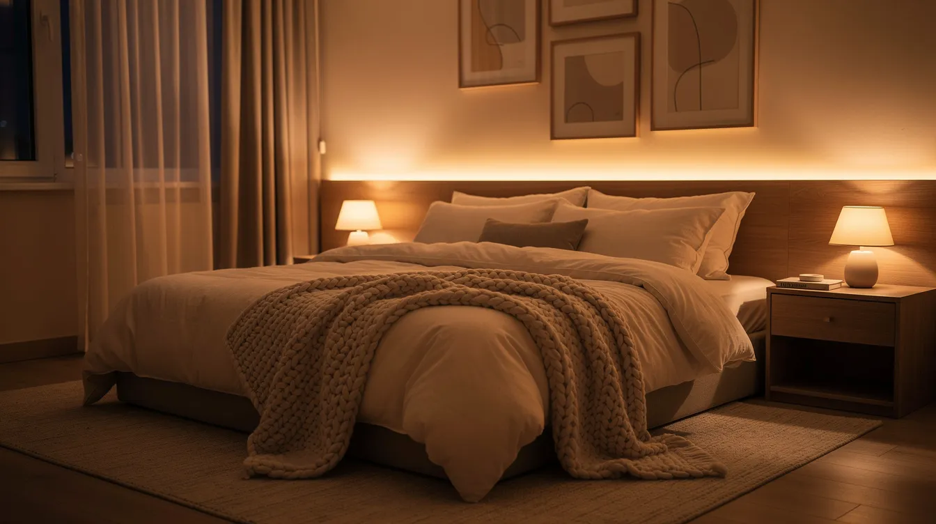 The image depicts a cozy bedroom bathed in dim, warm lighting, featuring a comfortable bed with plush bedding that invites a good night&rsquo;s sleep. This serene environment promotes healthy sleep habits, essential for mental and physical health, and encourages restful sleep across life stages.