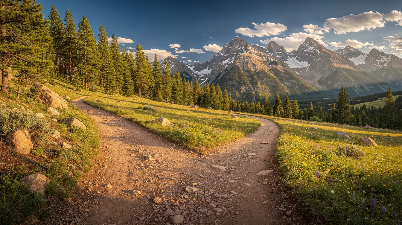 The image depicts two distinct paths diverging in a picturesque Colorado mountain landscape, surrounded by towering pine trees and rugged peaks. This scene symbolizes the choice between a structured settlement and a lump sum payment for personal injury claims, highlighting the importance of financial security and long-term planning for injured parties.