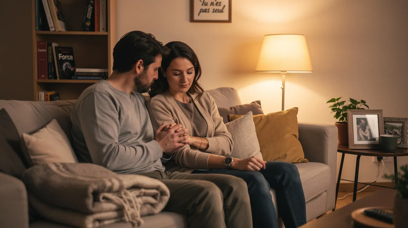 Deux personnes se tenant la main dans un salon chaleureux, symbolisant le soutien et le réconfort après une fausse couche. Leur expression montre une connexion profonde, illustrant l'importance de l'accompagnement durant cette épreuve difficile.