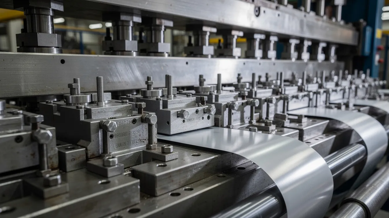 The image shows a close-up view of a steel progressive die set installed in an industrial stamping press, highlighting the intricate die components used in the die manufacturing process. This setup, which includes male and female dies, is essential for creating multiple identical parts from sheet metal through progressive die cutting.