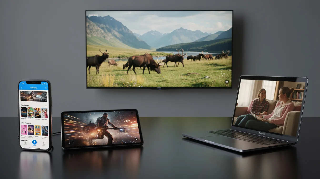 La imagen muestra múltiples dispositivos, incluyendo un teléfono, una tableta, un televisor y una laptop, cada uno reproduciendo diferentes contenidos de streaming. Estos dispositivos reflejan una experiencia de visualización multi dispositivo, ideal para quienes buscan acceder a servicios de IPTV y disfrutar de una variedad de canales y películas bajo demanda.
