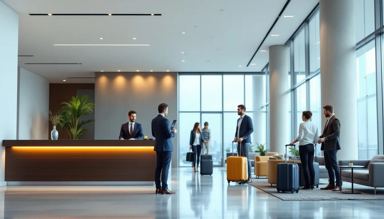In a modern hotel lobby, guests are seen checking in at the front desk, surrounded by stylish decor that reflects the luxury hotel atmosphere. The scene highlights the importance of operational efficiency and guest satisfaction in maintaining high hotel profit margins and overall profitability.