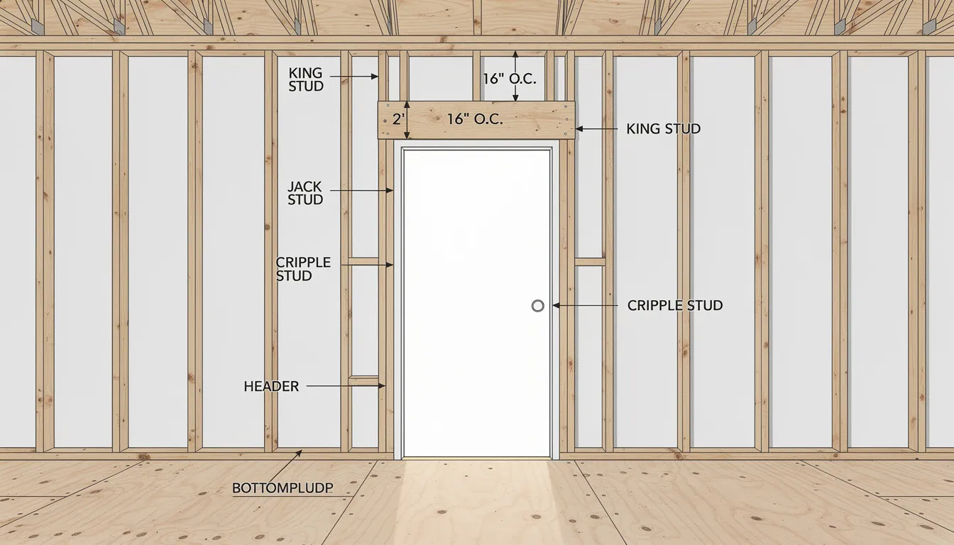 The image depicts wall framing for a sauna installation, highlighting the proper stud spacing and preparation for a sauna door opening. This step is crucial for ensuring structural integrity and compliance with building codes in the construction of an outdoor sauna.