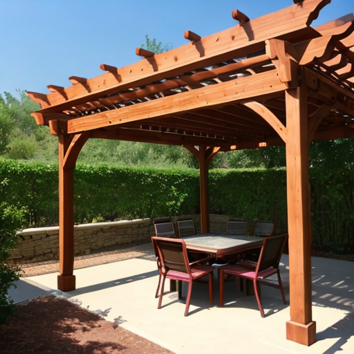 Wooden pergola with open roof, lattice style.  Seating underneath.