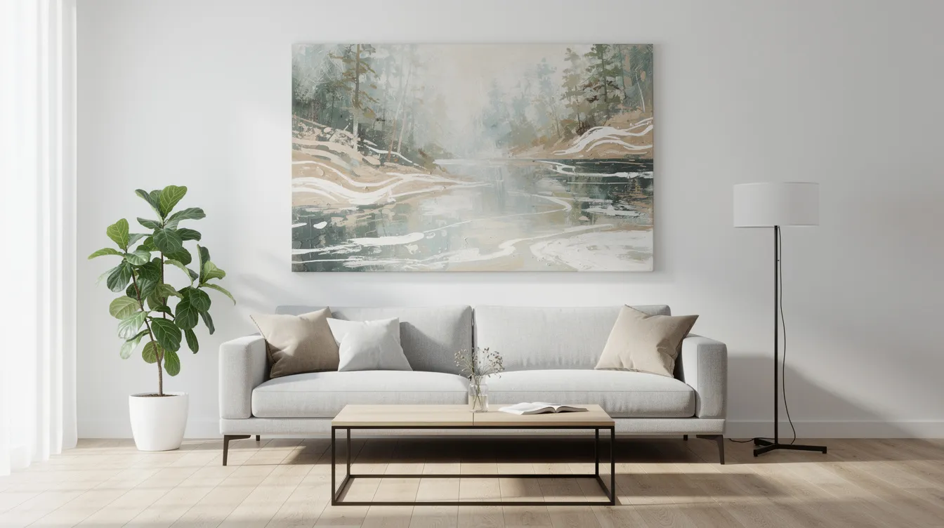 Ett modernt vardagsrum med en stor canvastavla som föreställer ett abstrakt naturmotiv hänger över en grå soffa. Rummet har en stilren inredning och tavlan ger en känsla av liv och färg till väggarna.