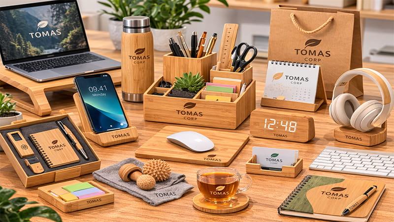 Bamboo desk accessories set with organizer, phone stand, clock, and stationery, a sustainable corporate gift for office use.