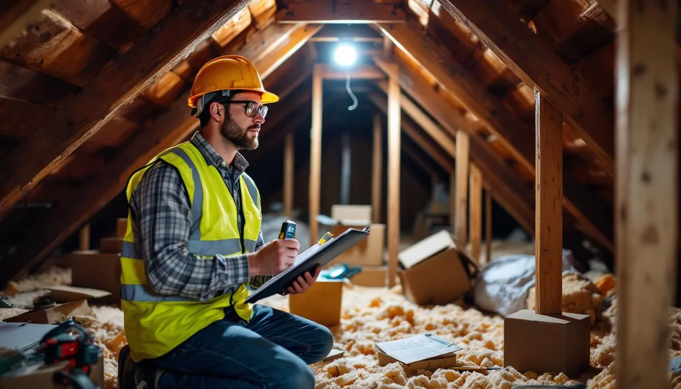 A contractor is inspecting the insulation and assessing the structural integrity of a residential attic, surrounded by old insulation and debris. The assessment focuses on potential hazards such as rodent droppings and air leaks, ensuring the attic is safe and energy-efficient for the homeowners.