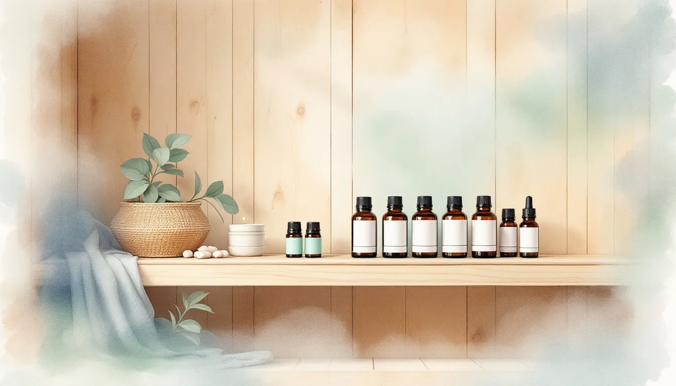 Tips for using essential oils in saunas, featuring various essential oil bottles.