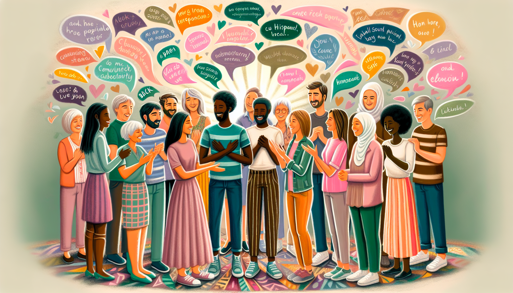 An illustration of a supportive network encouraging positive self-talk.