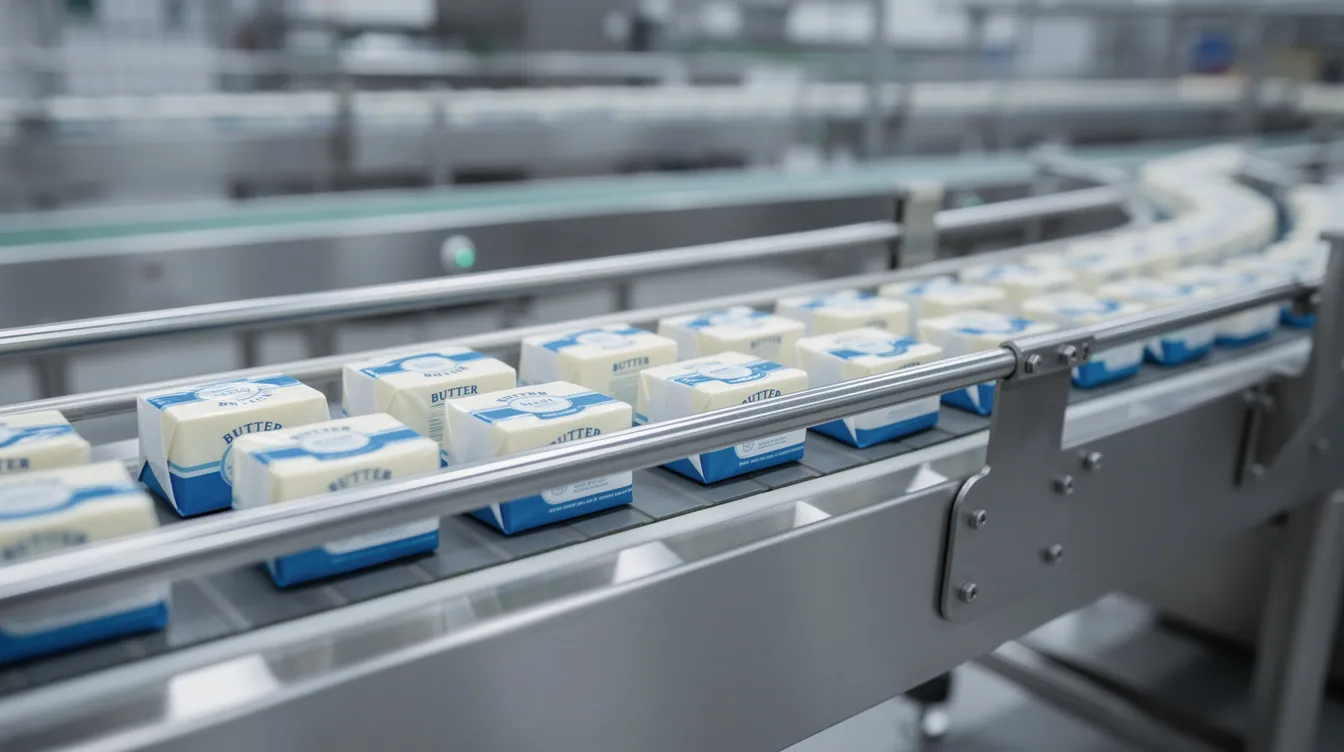 00816a0f 21f1 49d7 8cf9 48b7080689e8 The image shows blocks of packaged butter moving along a stainless steel conveyor belt in a dairy factory, highlighting the butter production process. This scene captures the efficiency of the butter making equipment as it processes sweet cream butter and prepares it for distribution.