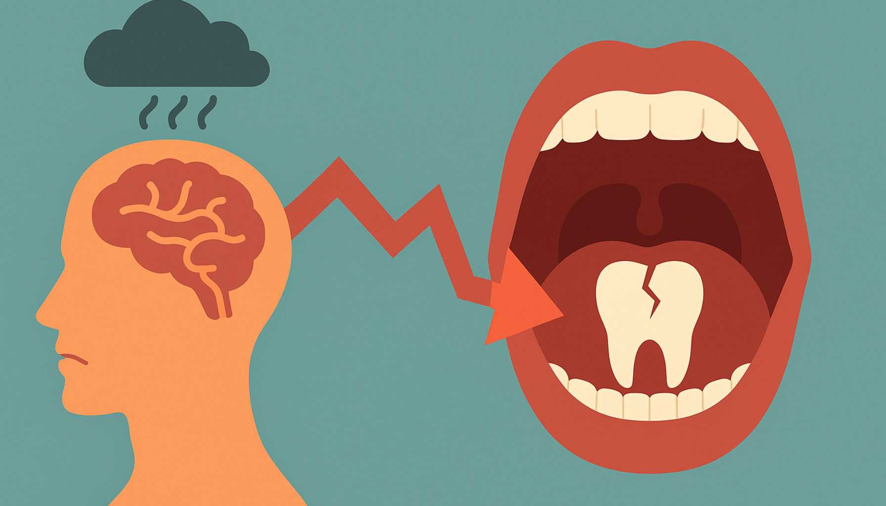 "Illustrasjon av stresspåvirkning fra hjernen som fører til sprukket tann i åpen munn."