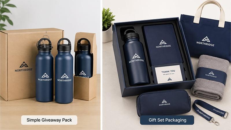 Water bottle packaging comparison with simple giveaway cartons and premium gift set packaging