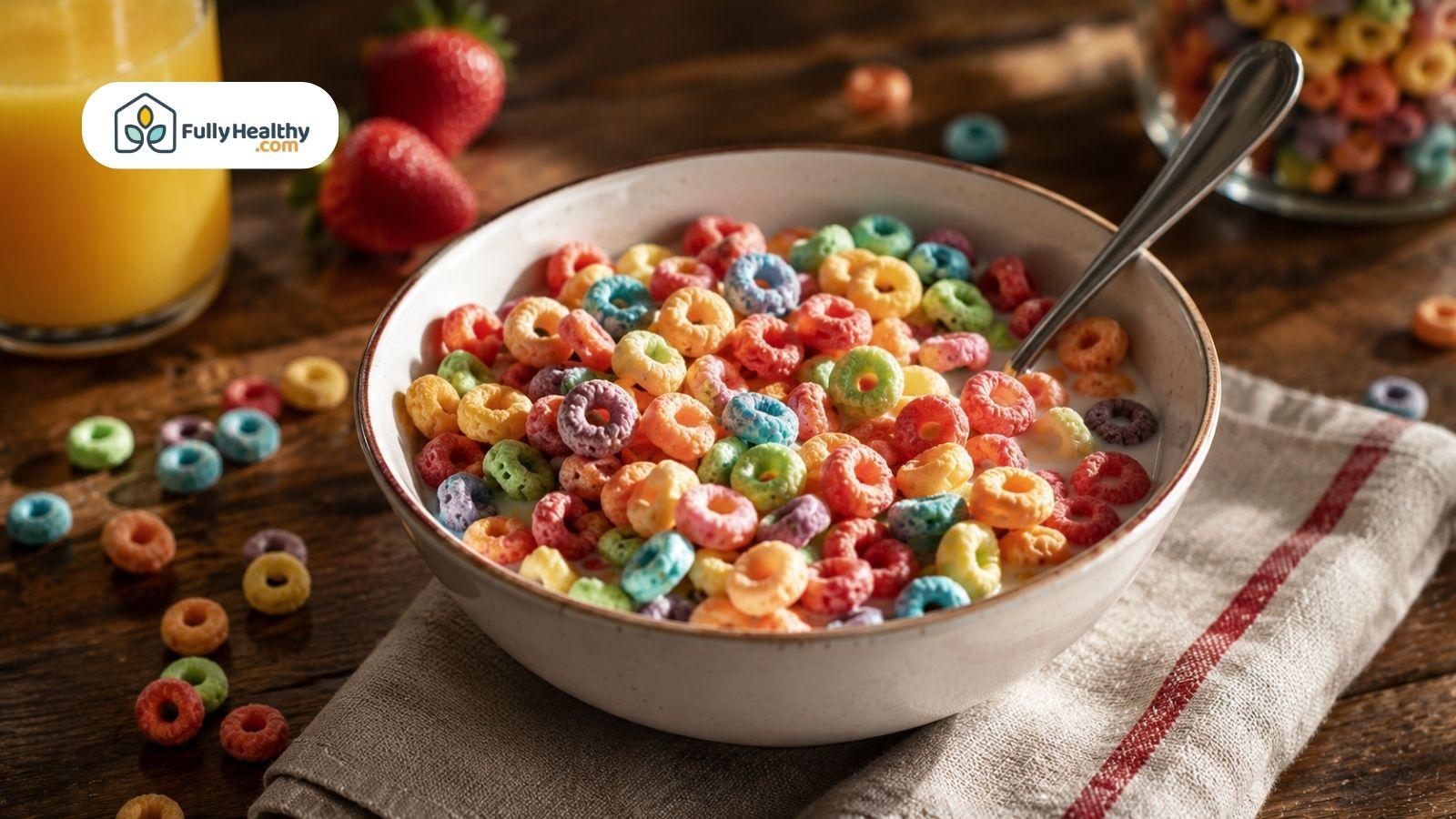 Bowl of colorful cereal with milk on a wooden breakfast table beside orange juice and strawberries,