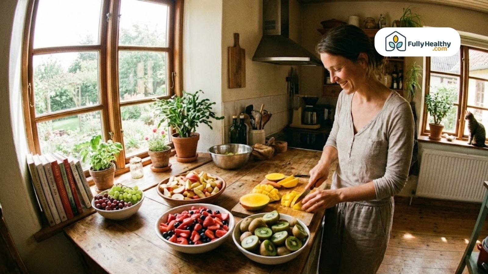 Woman slicing mango in rustic kitchen surrounded by fresh cut fruits