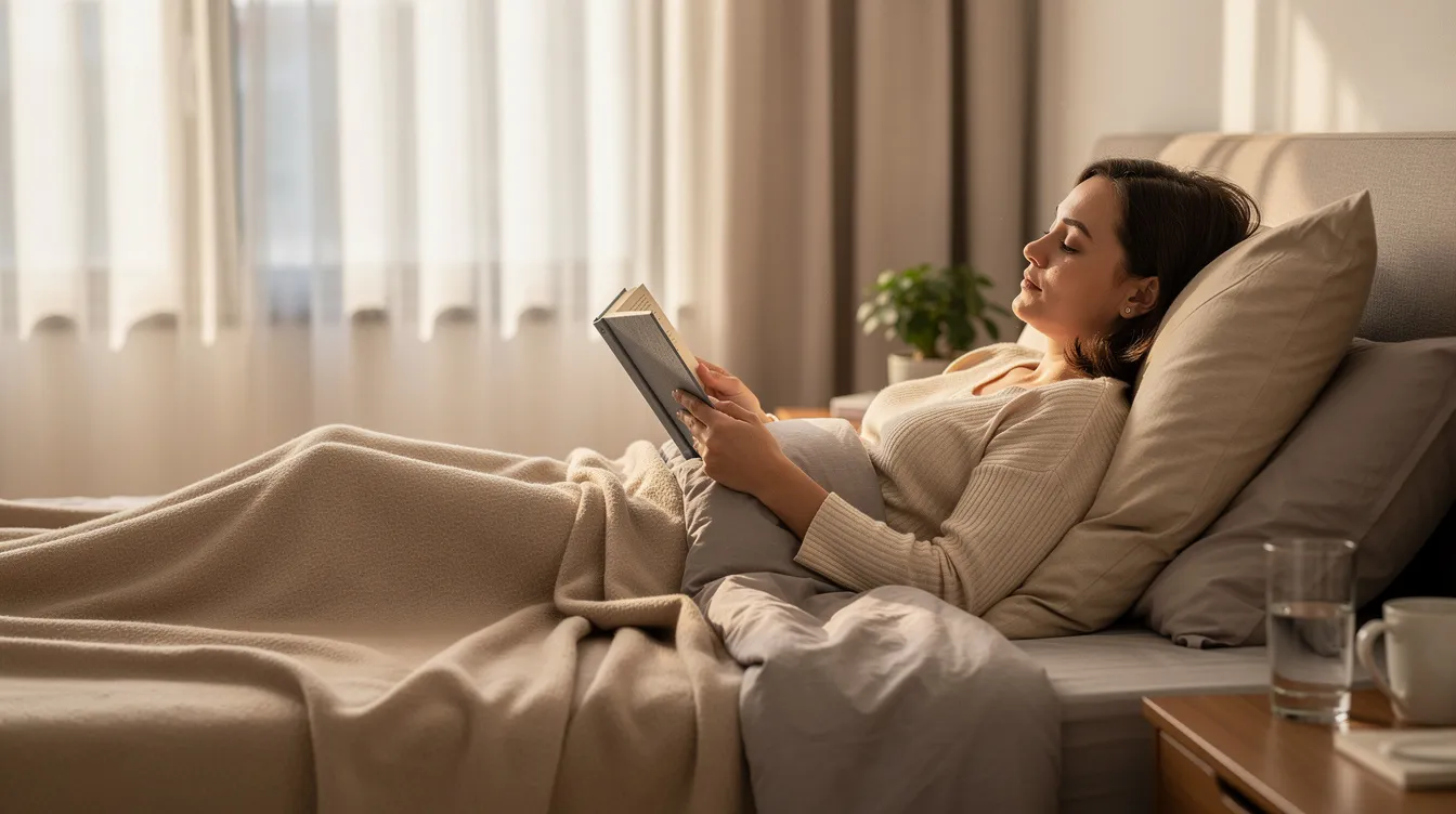 A person is comfortably resting at home with their head slightly elevated on pillows, likely recovering from a chin liposuction procedure. The setting suggests a focus on healing and relaxation, with an emphasis on achieving a more defined jawline and addressing stubborn double chin fat.