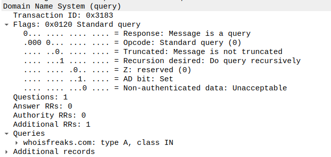DNS request query for domain whoisfreaks.com