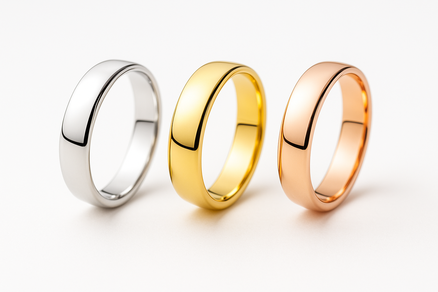 Trys skirtingų aukso spalvų žiedai – balto aukso, geltono aukso ir raudono (rožinio) aukso