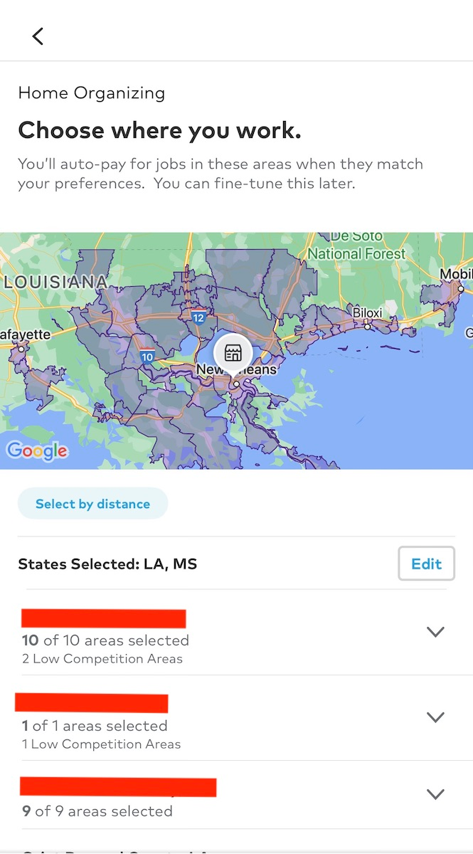 Selecting Service Areas on Thumbtack