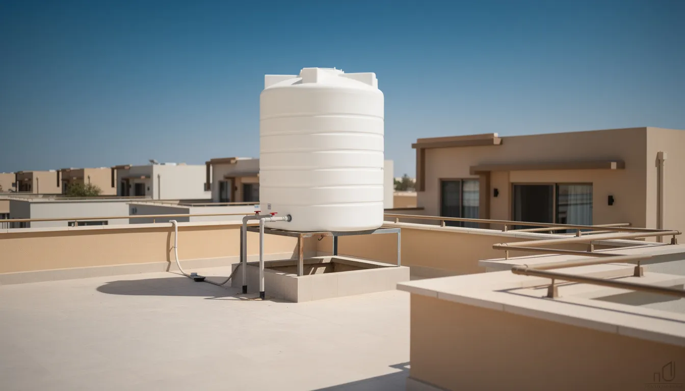 The image shows a rooftop water tank atop a villa in Dubai, set against a backdrop of a clear blue sky. This tank is essential for maintaining a reliable water supply, emphasizing the importance of regular water tank cleaning services to ensure clean and safe water for the residents.