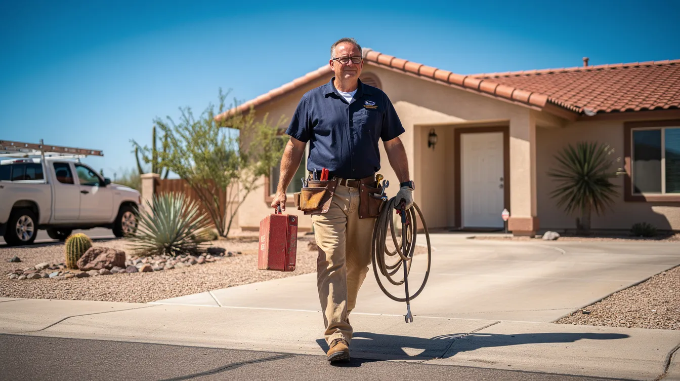 A professional plumber is seen walking towards a suburban Arizona home while carrying a toolbox, ready to address any urgent plumbing problems. His presence suggests an emergency plumbing service, highlighting the importance of quick action to prevent costly repairs from issues like burst pipes or clogged drains.