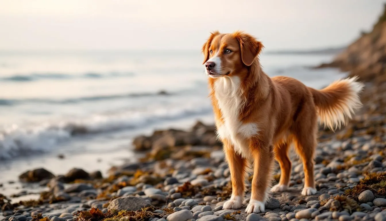 A Nova Scotia Duck Tolling Retriever, also known as a toller, stands proudly with its golden red, water-repellent double coat and distinctive white markings. This medium-sized, affectionate family dog is known for its playful nature and is ideally suited for active families who enjoy engaging in dog sports and outdoor activities.