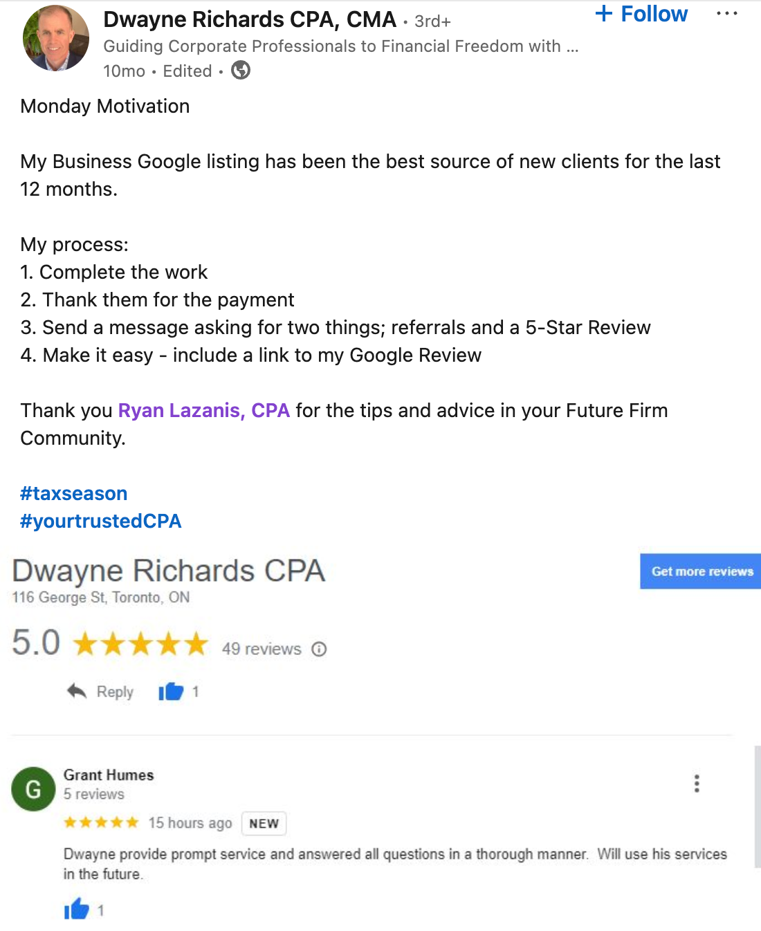 Dwayne Richard's post on LinkedIn thanking Ryan Lazanis for the tips that improved his Google My Business listing