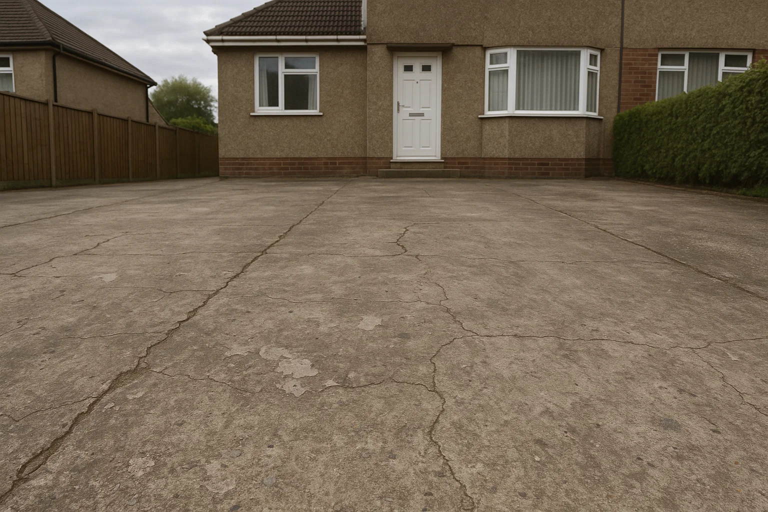 A worn concrete driveway with cracks, fading and surface flaking, showing signs that resurfacing is needed.