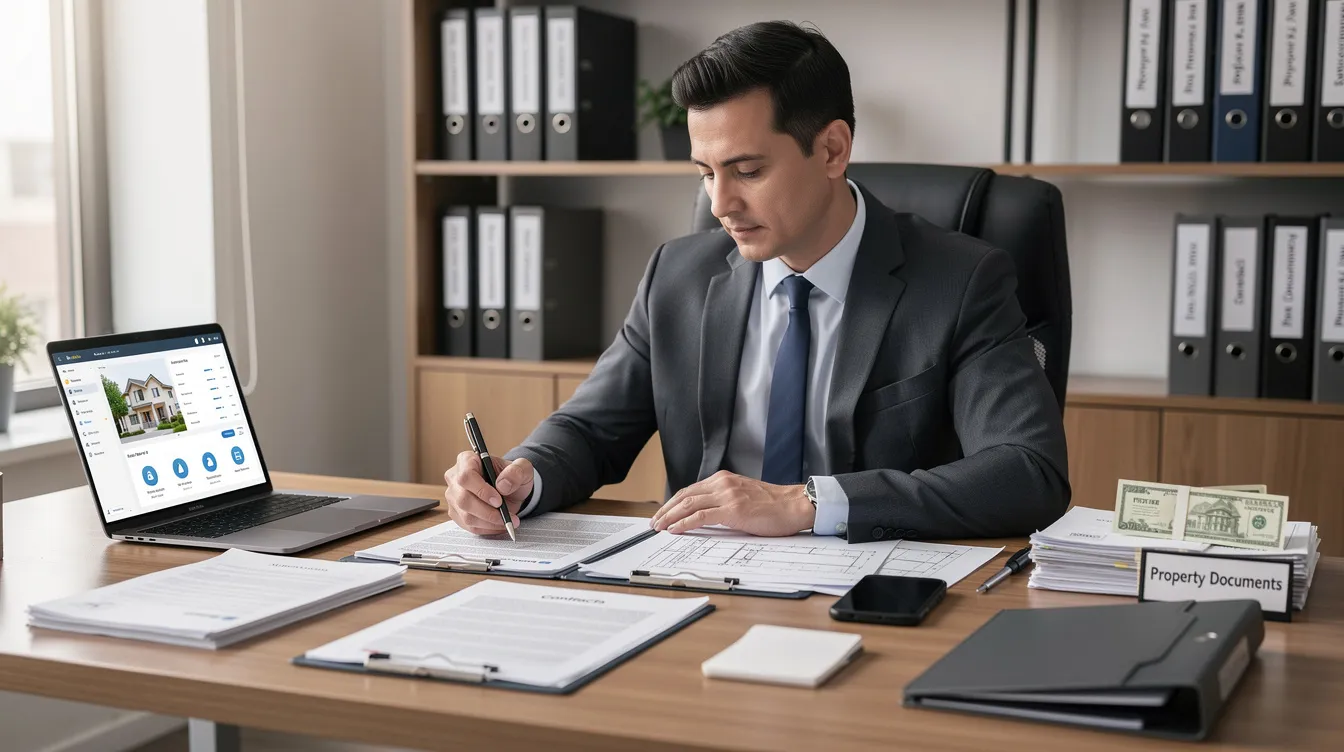 A professional is seated at a desk, meticulously reviewing legal documents related to property gifting in Dubai, including a new title deed and various required documents such as marriage and birth certificates. The scene highlights the importance of proper documentation in the property gifting process, particularly for immediate family members.