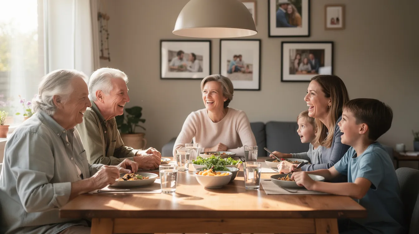 A joyful family is gathered around a dining table in their cozy home, sharing a meal and laughter. This scene reflects the warmth of togetherness, an opportunity for overseas Pakistanis to connect with their loved ones, similar to the ease of managing a Roshan Digital Account from abroad.