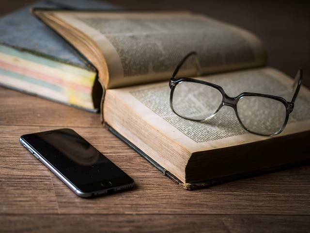 glasses, book, phone