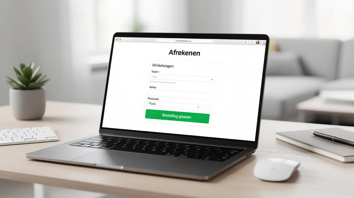 De afbeelding toont een laptop met een overzichtelijke webshop checkout-pagina, geplaatst in een opgeruimde werkruimte. Deze setting bevordert positieve emoties en maakt het nemen van aankoopbeslissingen makkelijker voor potentiële klanten door een efficiënte en vertrouwde klantbeleving te bieden.