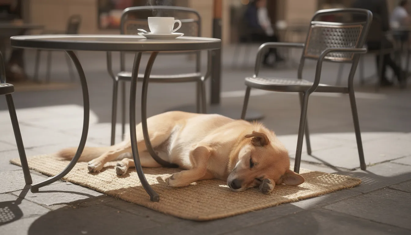 A small dog is peacefully resting on a mat under a shaded cafe table at a dog friendly restaurant, with a coffee cup placed nearby, creating a cozy atmosphere for diners enjoying their meals on the outdoor patio. This inviting scene is perfect for dog owners looking to relax with their pets while savoring great food and drinks.