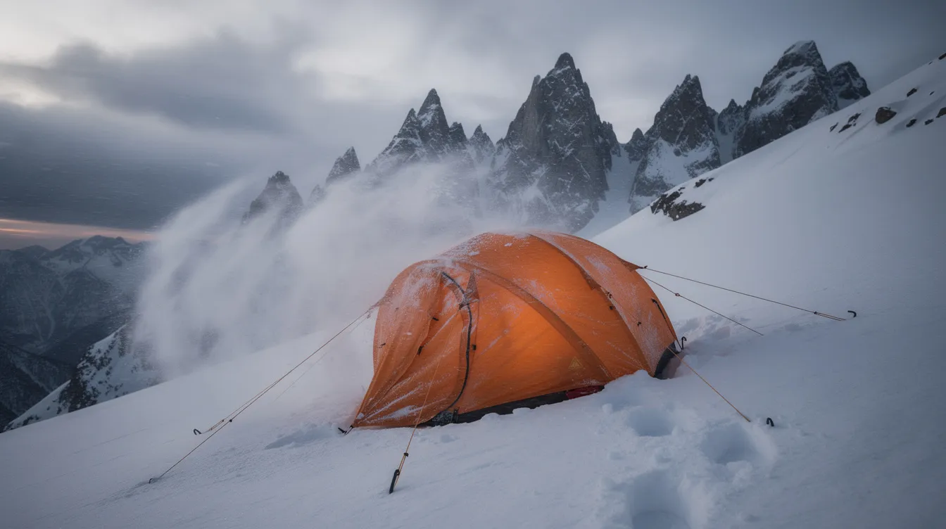 An insulated winter tent is pitched on a snowy mountainside, with snow blowing around it and majestic mountain peaks in the background. The cold weather tent provides shelter and warmth, ideal for winter camping, as it protects against the elements while offering a cozy space for rest.