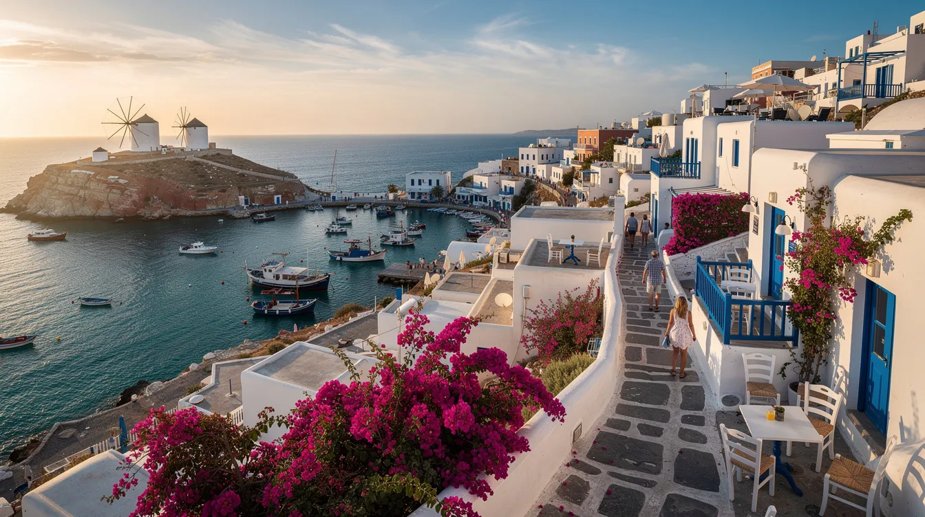 A imagem retrata a deslumbrante ilha de Mykonos, na Grécia, conhecida por suas praias de areia branca e águas cristalinas do mar Egeu. O cenário é complementado por casas brancas com telhados azuis, refletindo a rica cultura e história grega, tornando-se um destino popular para viagens e turismo.