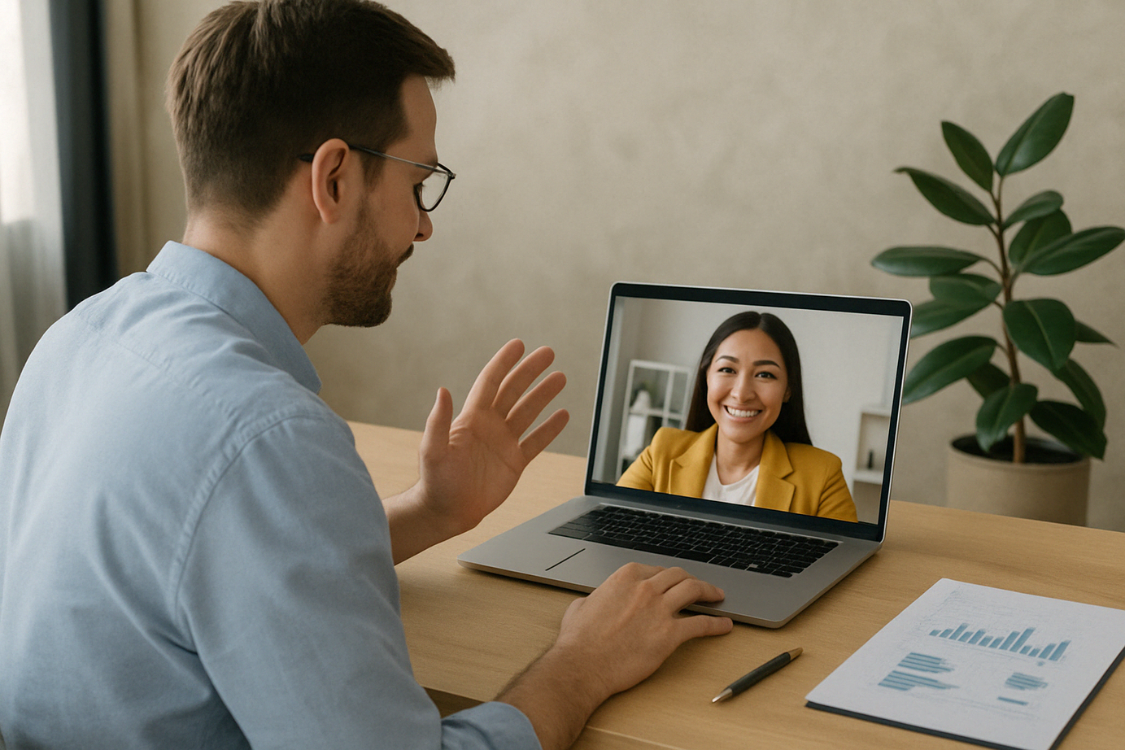 Man in video call with Filipino bookkeeper during remote interview