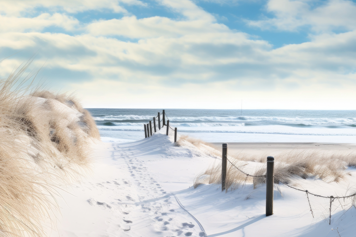 Snow-covered sand dunes with tall beach grass and a wooden fence leading to the Atlantic Ocean on a winter day at the Jersey Shore.