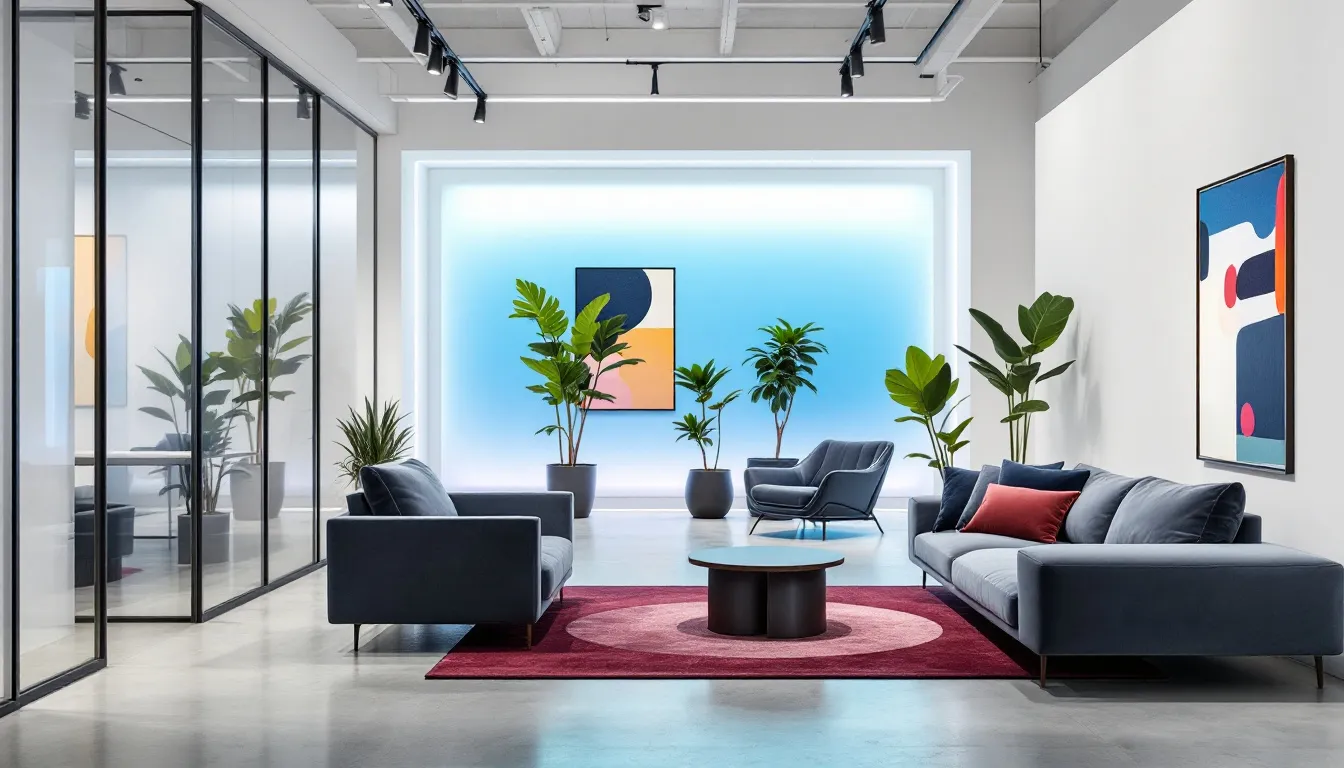 Ein Showroom in Düsseldorf mit verschiedenen Polstermöbeln und Dekorationen.